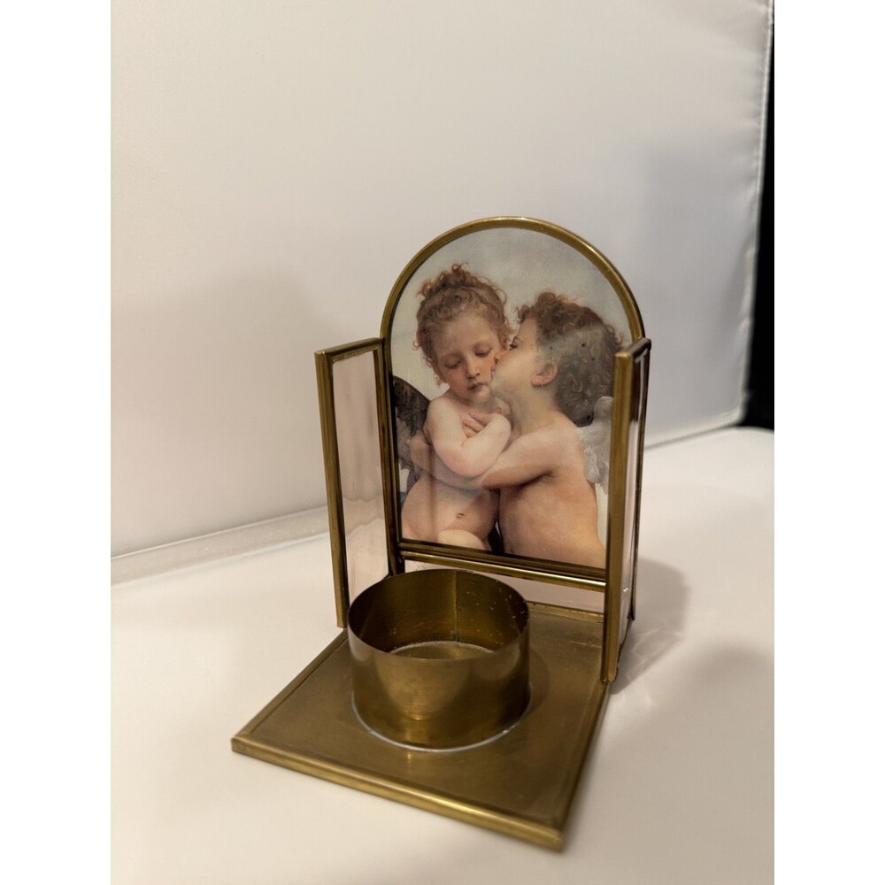 Vintage Enesco Cherub Angel Brass Glass Votive Candle Holder Made Mexico 4.5"